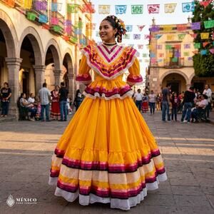 Yellow Professional Jalisco Folkloric Dress – Mexican Ribbon Style